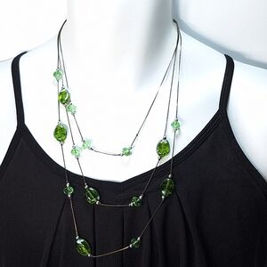 Silver Multi Strand Layered Green Glass Bead Necklace
